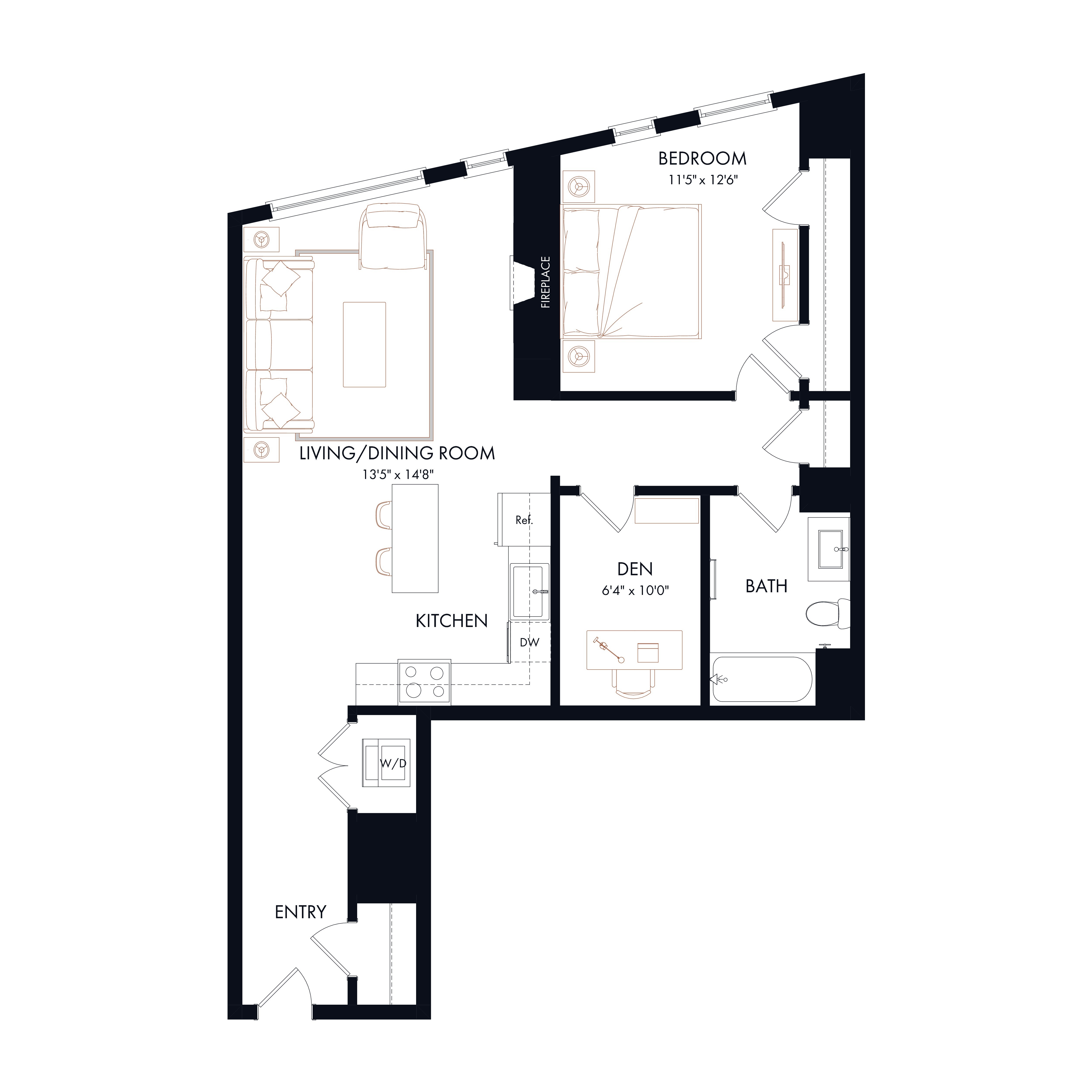 Floor plan layout diagram for AD5 | 1 Bed | 1 Bath | Den